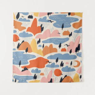 Colorful landscape, mountains, lakes, seamless. tapestry