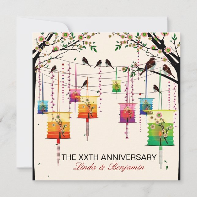 Colorful Lanterns Cherry Tree Birds Anniversary Invitation (Front)