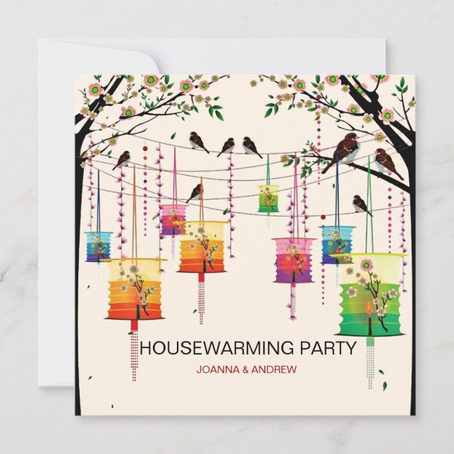 Colorful Lanterns Cherry Tree Birds Housewarming Invitation (Front)