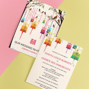 Colorful Lanterns Cherry Tree Birds Spring Wedding Invitation
