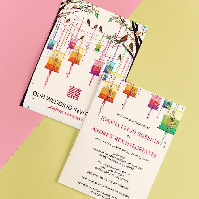 Colorful Lanterns Cherry Tree Birds Spring Wedding Invitation (Creator Uploaded)