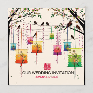 Colorful Lanterns Cherry Tree Birds Spring Wedding Invitation