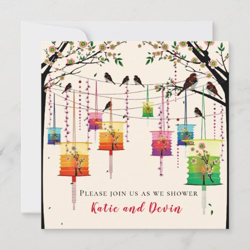 Colorful Lanterns Cherry Tree Birds Wedding Shower Invitation