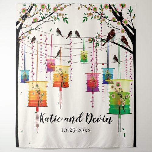 Colorful Lanterns Cherry Tree Birds WeddingShower Tapestry