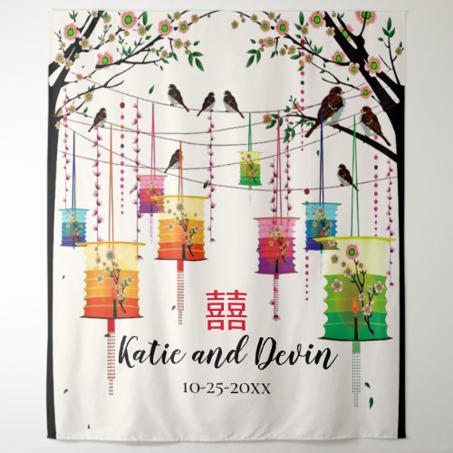 Colorful Lanterns Tree Birds Chinese Wedding Tapestry