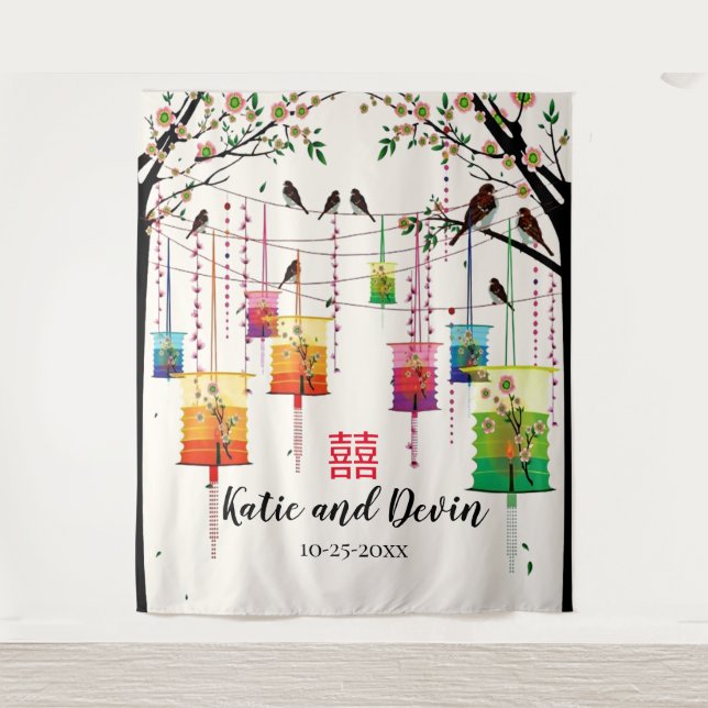 Colorful Lanterns Tree Birds Chinese Wedding Tapestry (Front)