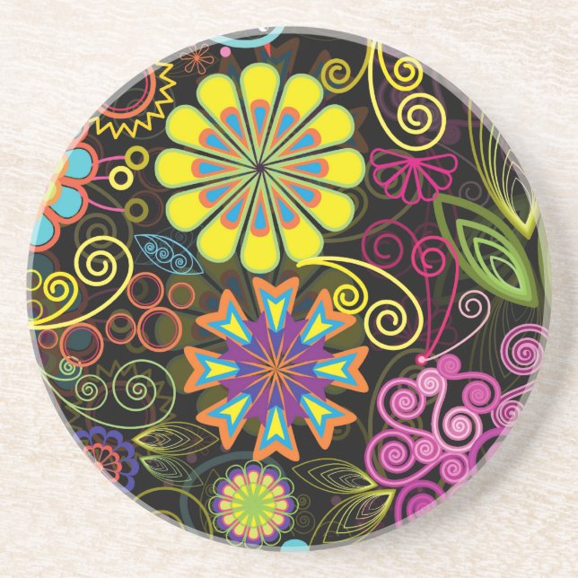 Colorful Large Retro Flowers Sandstone Coaster (Front)