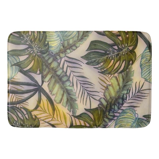Colorful large tropical leaves watercolor painting bath mat (Front)