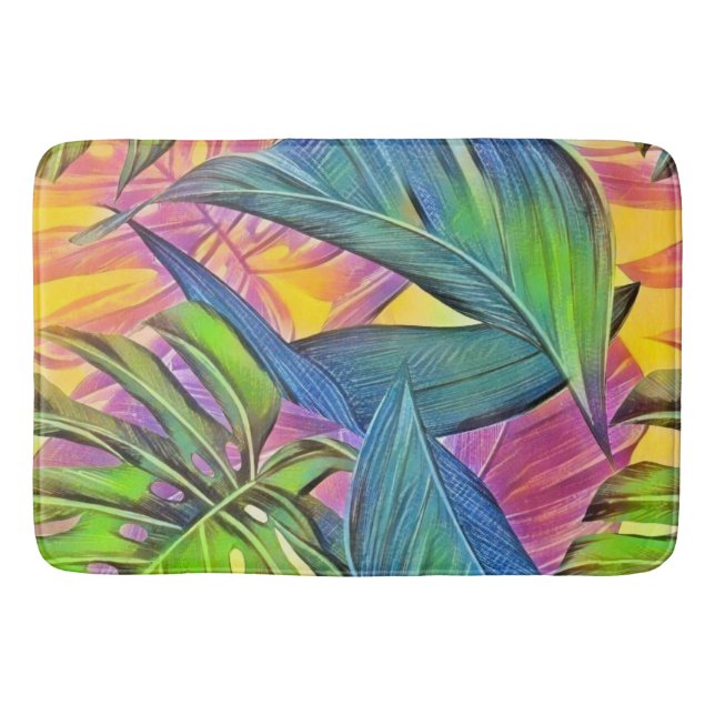 Colorful large tropical leaves watercolor painting bath mat (Front)