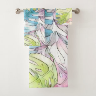 Colorful large tropical leaves watercolor painting bath towel set