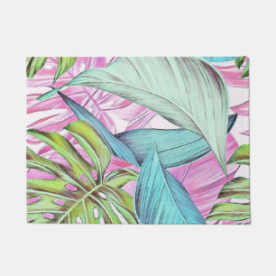 Colorful large tropical leaves watercolor painting doormat