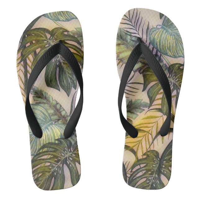 Colorful large tropical leaves watercolor painting flip flops (Footbed)