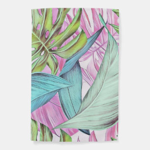 Colorful large tropical leaves watercolor painting garden flag