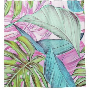 Colorful large tropical leaves watercolor painting shower curtain