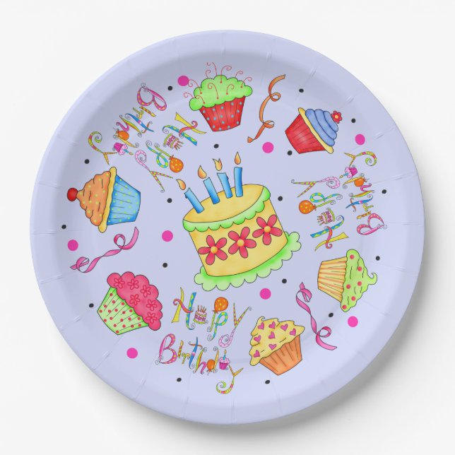 Colorful Lavender Cupcakes and Cake Happy Birthday Paper Plates (Front)