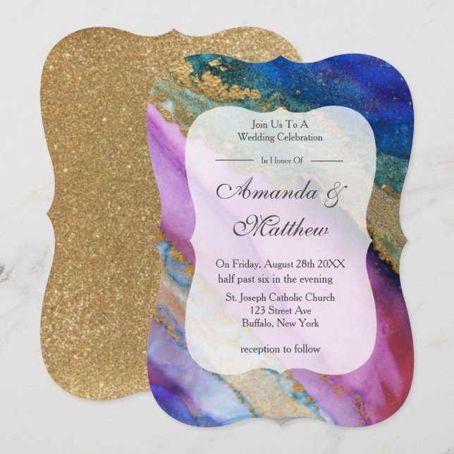 Colorful Lavender Gold Agate Wedding Invitations  (Front/Back)