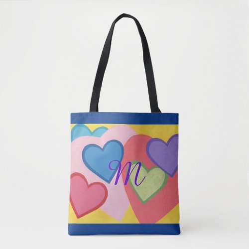 Colorful Layered Hearts Monogram Tote Bags