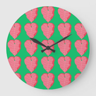 Colorful Leaf Pattern on Green Background Large Clock