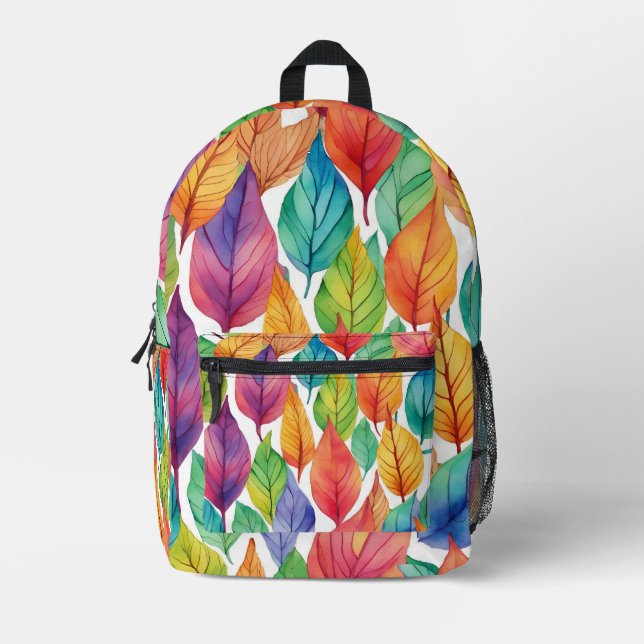 Colorful Leaf Pattern Printed Backpack (Front)