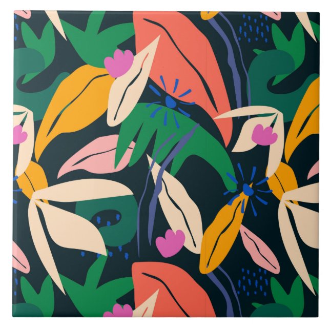 Colorful leaf pattern, vibrant ceramic tile (Front)