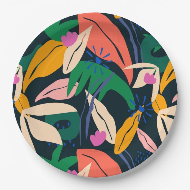 Colorful leaf pattern, vibrant paper plates (Front)