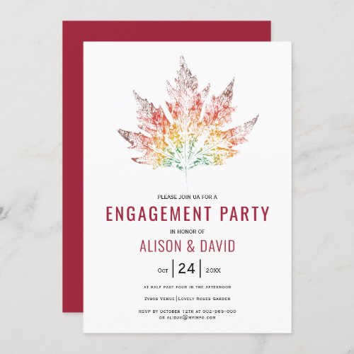 Colorful leaf print burgundy red engagment party invitation