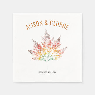 Colorful leaf print burnt orange autumn wedding napkins