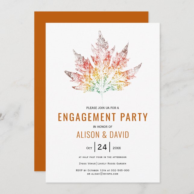 Colorful leaf print burnt orange engagment party invitation (Front/Back)