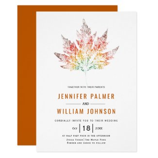 Colorful leaf print burnt orange fall wedding invitation