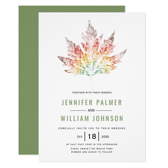 Colorful Leaf Print In Fall Colors Green Wedding Invitation