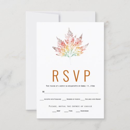 Colorful leaf print orange fall wedding RSVP card