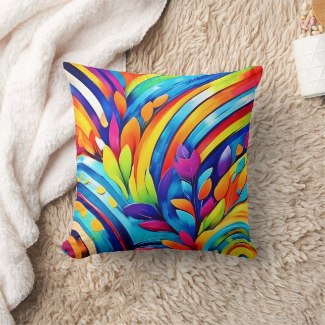 Colorful Leafe Shapes and Abstract Patterns Throw Pillow (Blanket)