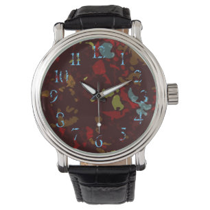 Colorful leaves and flowers against camouflage watch