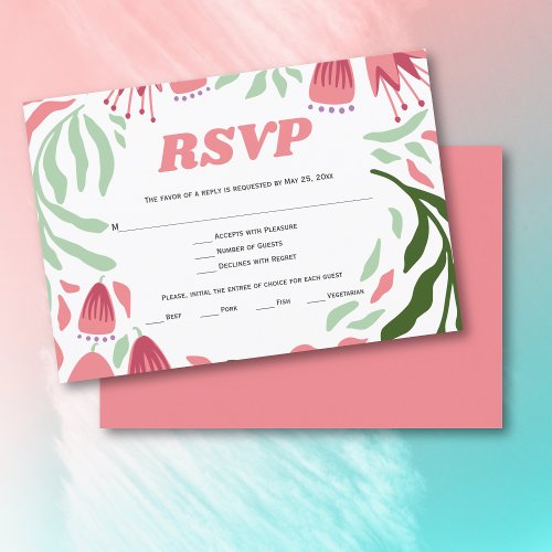 Colorful leaves and flowers boho retro wedding RSVP card