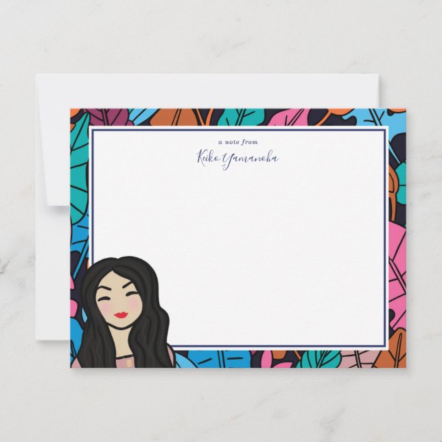 Colorful Leaves Cute Asian Girl Personal Note Card (Front)