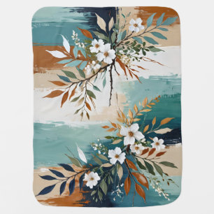 Colorful Leaves Floral Abstract Teal Blue Rust Tan Baby Blanket