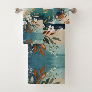 Colorful Leaves Floral Abstract Teal Blue Rust Tan Bath Towel Set