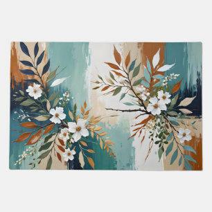 Colorful Leaves Floral Abstract Teal Blue Rust Tan Doormat