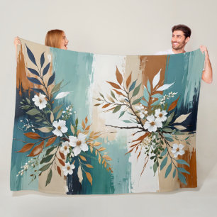 Colorful Leaves Floral Abstract Teal Blue Rust Tan Fleece Blanket