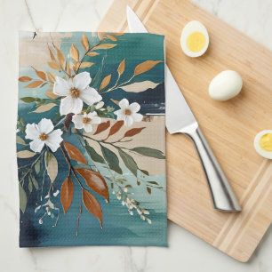 Colorful Leaves Floral Abstract Teal Blue Rust Tan Kitchen Towel