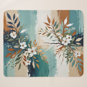 Colorful Leaves Floral Abstract Teal Blue Rust Tan Sherpa Blanket