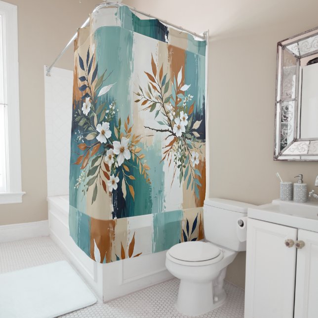 Colorful Leaves Floral Abstract Teal Blue Rust Tan Shower Curtain (In Situ)