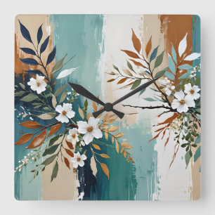 Colorful Leaves Floral Abstract Teal Blue Rust Tan Square Wall Clock