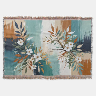 Colorful Leaves Floral Abstract Teal Blue Rust Tan Throw Blanket