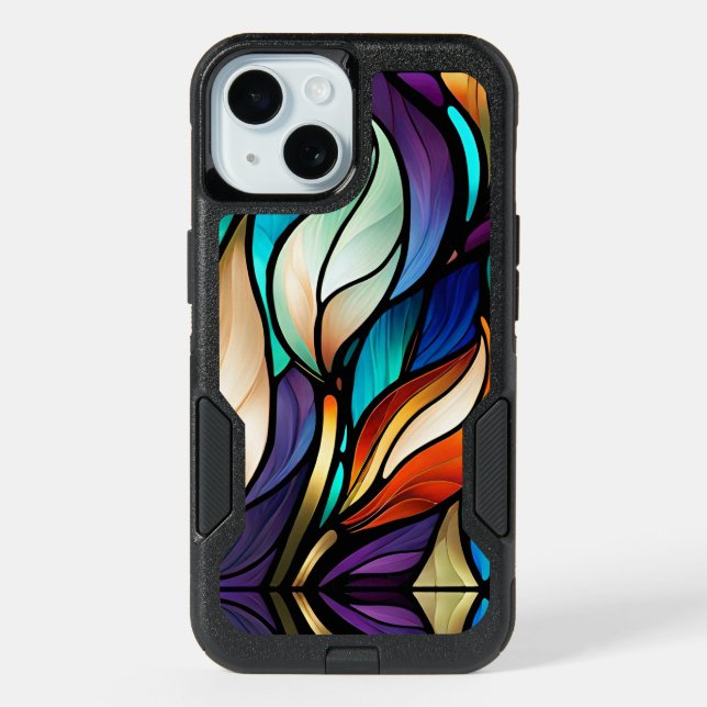 Colorful leaves in Stained Glass Look iPhone 15 Case (Back)