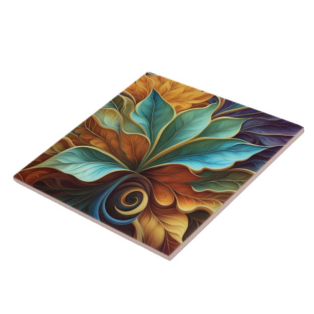 Colorful Leaves in Swirling Pattern Design Ceramic Tile (Side)