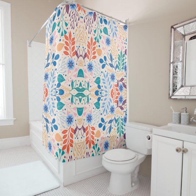 Colorful Leaves Modern Foliage Pattern Shower Curtain (In Situ)