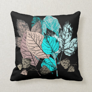 Colorful Leaves on Black, Aqua/Mauve/Earthtones Throw Pillow