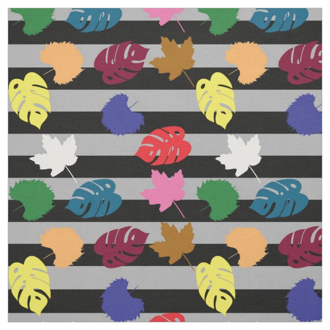Colorful Leaves On Grey Ash Black Stripes Design Fabric (Swatch)