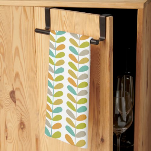 Colorful Leaves On Plant Retro Mid Century Pattern Kitchen Towel